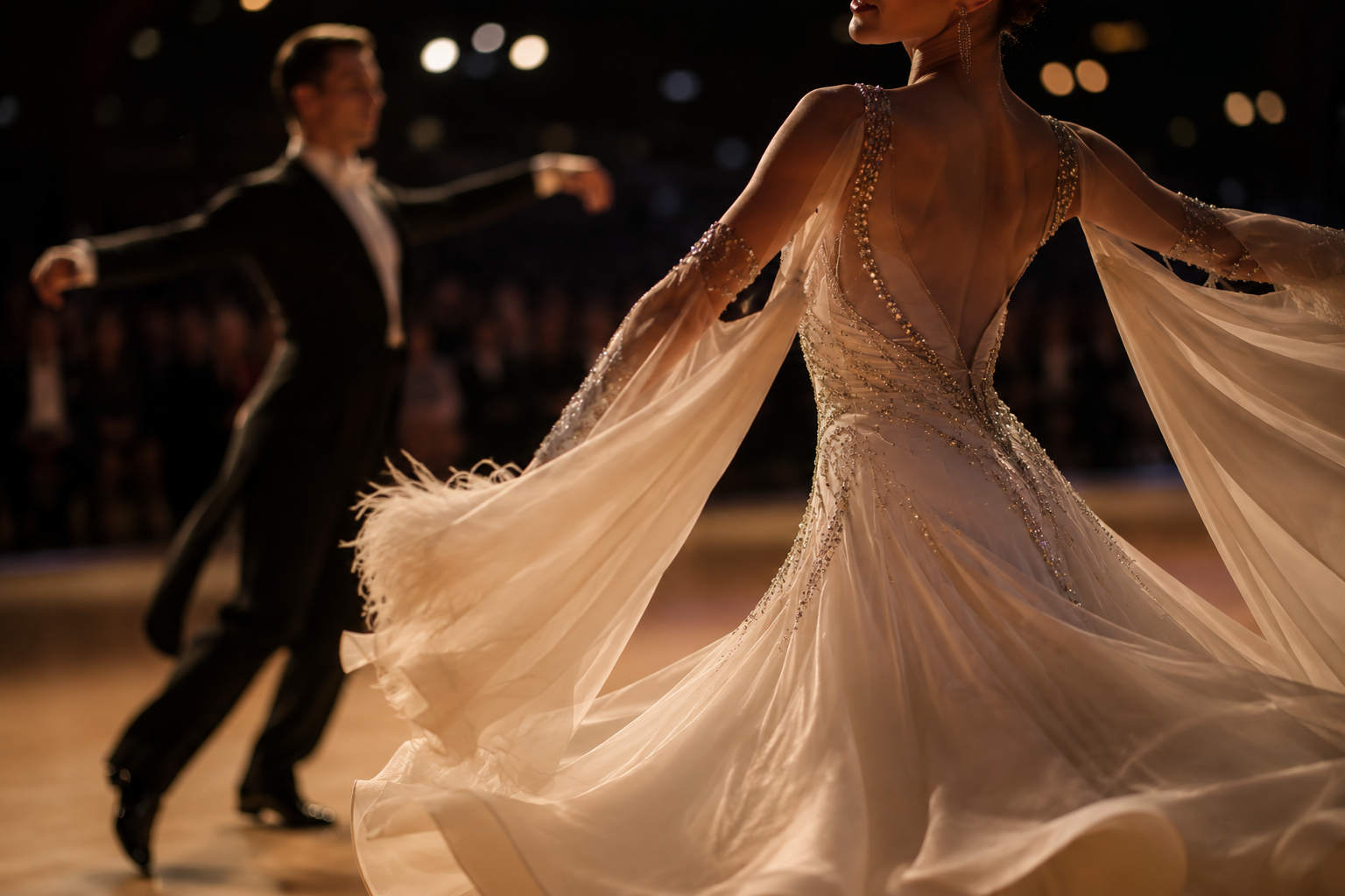 Ballroom dancer in a flowing ivory competition gown performing under warm event lighting, with another dancer softly blurred in the background.