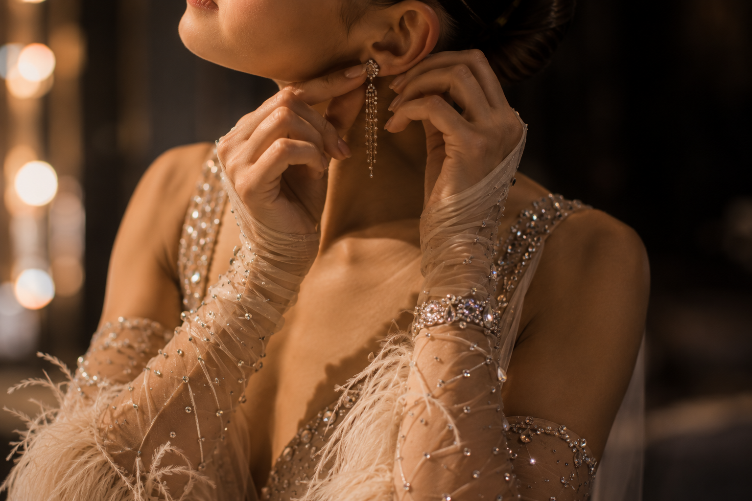 Detailed selection of dance jewelry, hair accessories, gloves, and crystal embellishments.