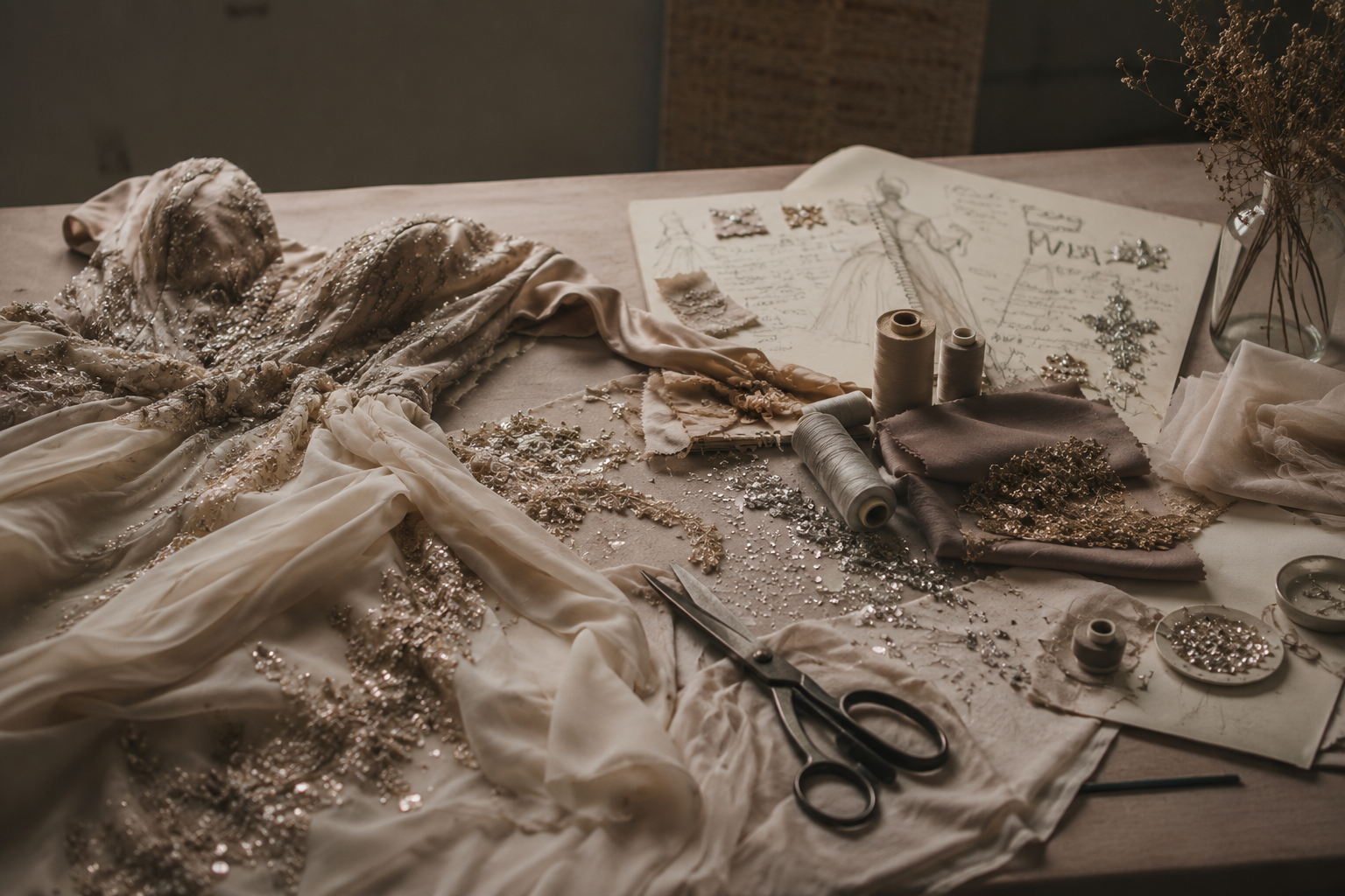 An embellished gown, textiles, beadwork, sewing tools, and fashion sketches arranged on an atelier worktable.