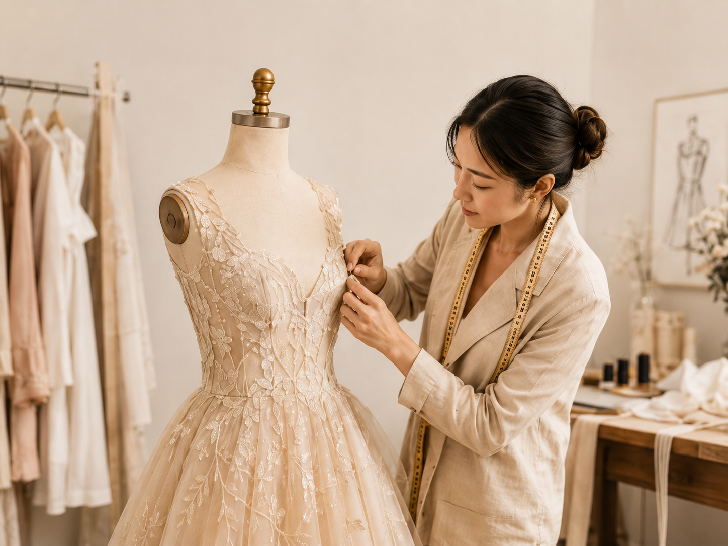 A designer fitting an embellished gown on a dress form, with both hands and a measuring tape visible