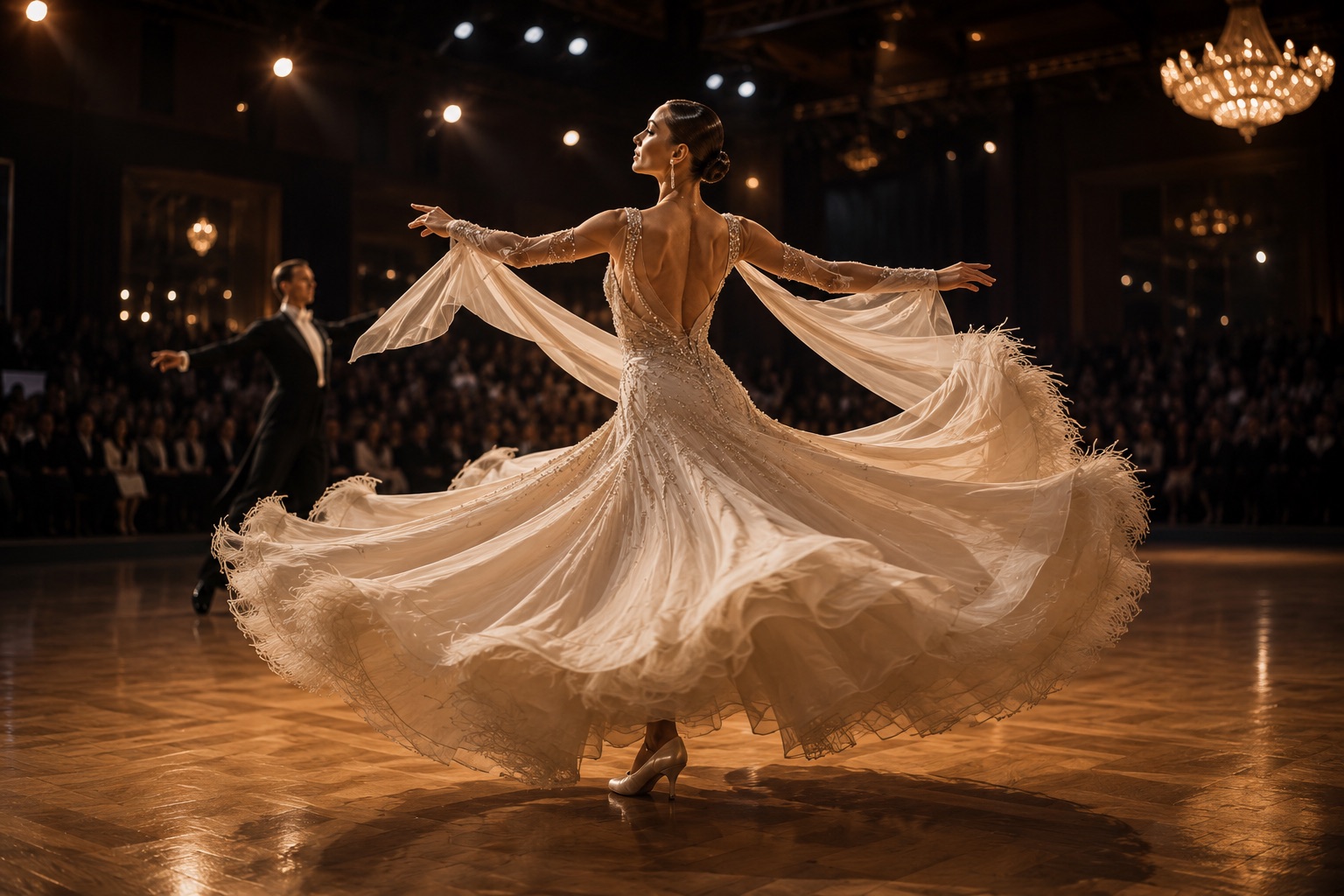 Ballroom dancer turning in a flowing ivory gown during a live performance