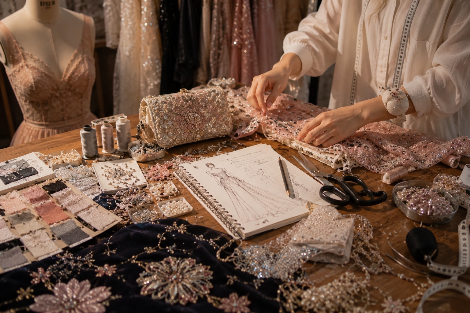 Handcrafted textile, beadwork, sketches, and sewing details on the EVIANNA studio worktable