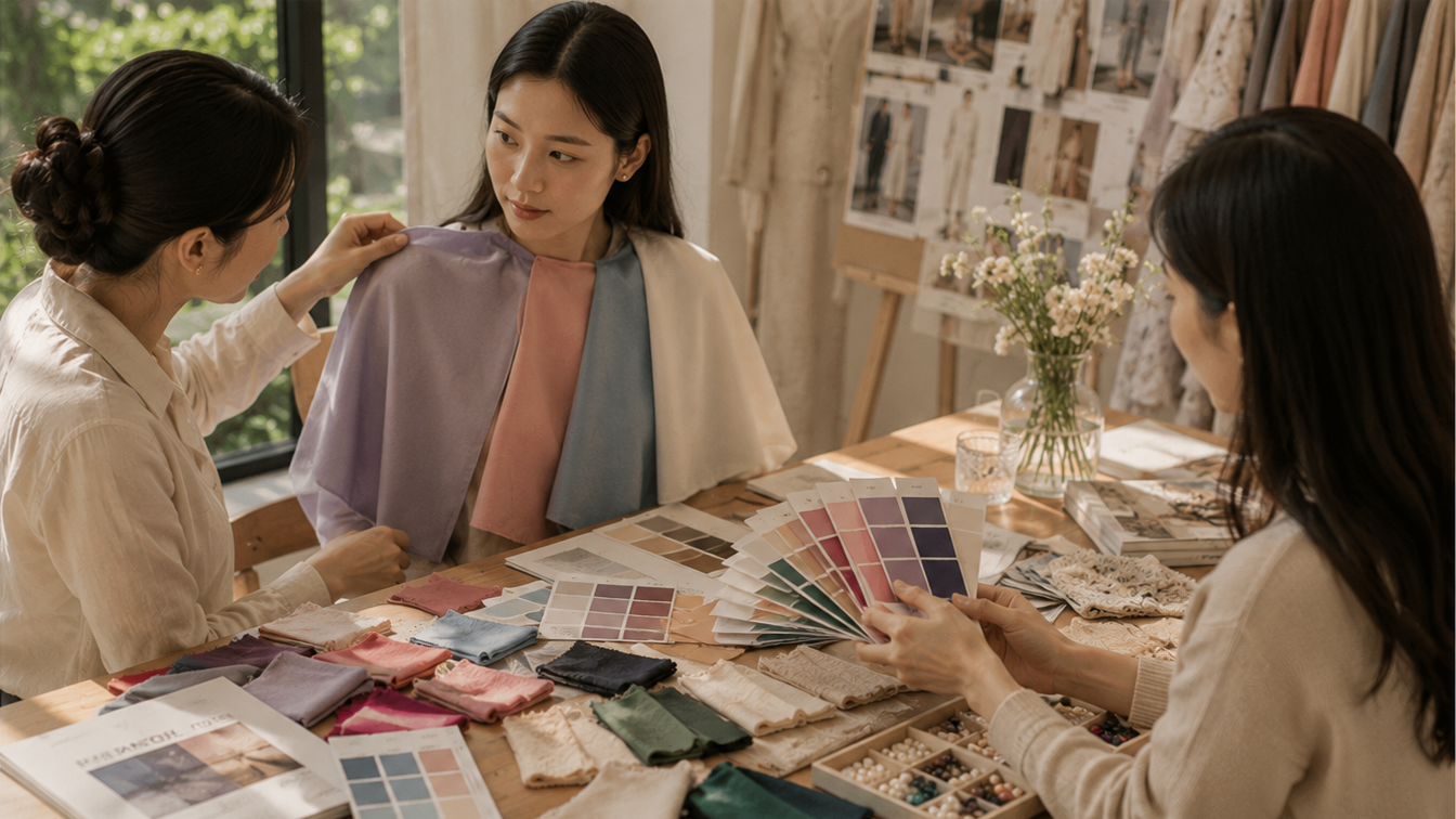 Three women exploring personal colors with fabric drapes, swatches, and color palettes.