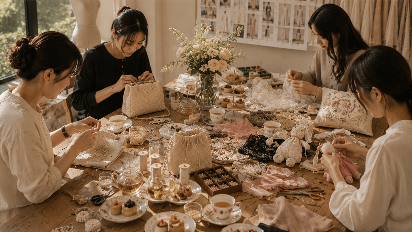 A warm handmade gathering with women creating textile pieces together over tea.
