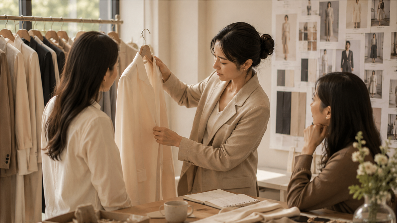 Evianna sharing styling guidance with two women in a warm, thoughtfully arranged studio.